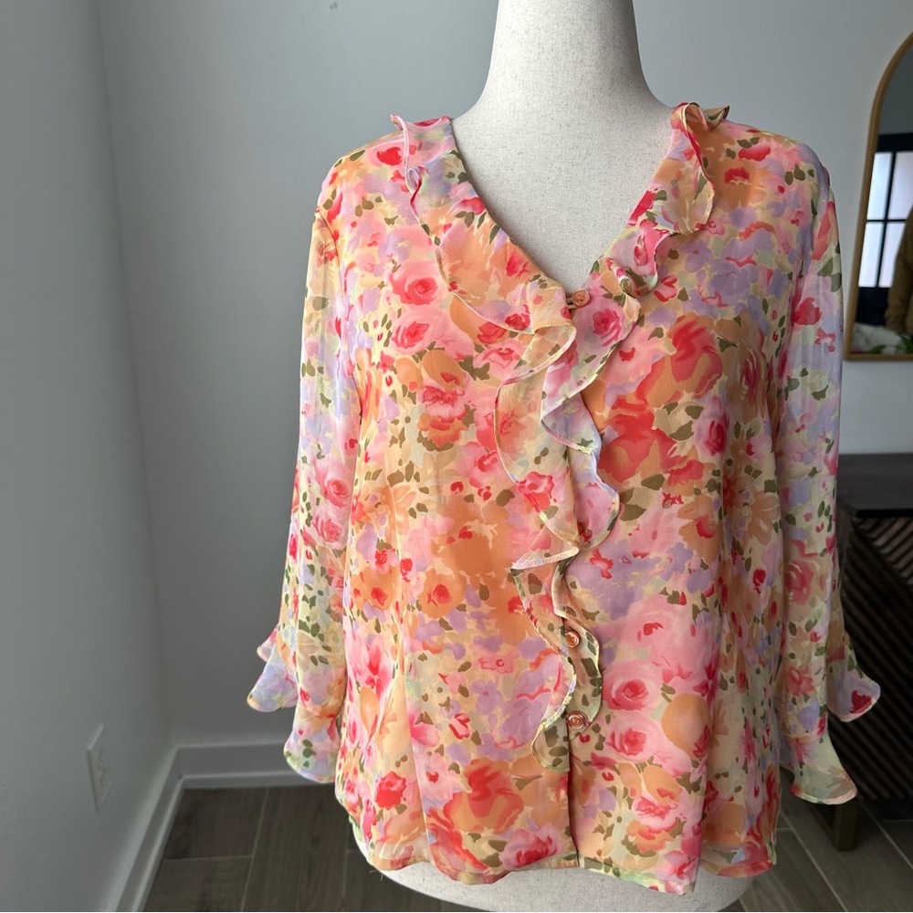 Notations Floral Ruffle Blouse - Pink and Orange